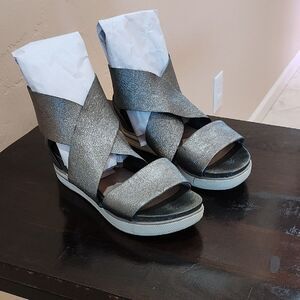 Eileen Fisher Silver Crisscross Wedge Sandals